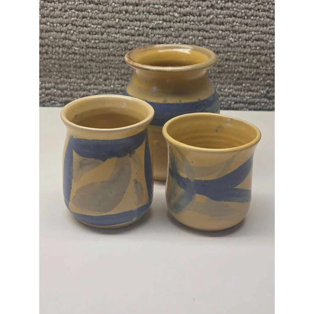Studio Pottery Signed 3pc‎ Set Yellow Blue Stoneware Vase & Cups Hand Thrown Art